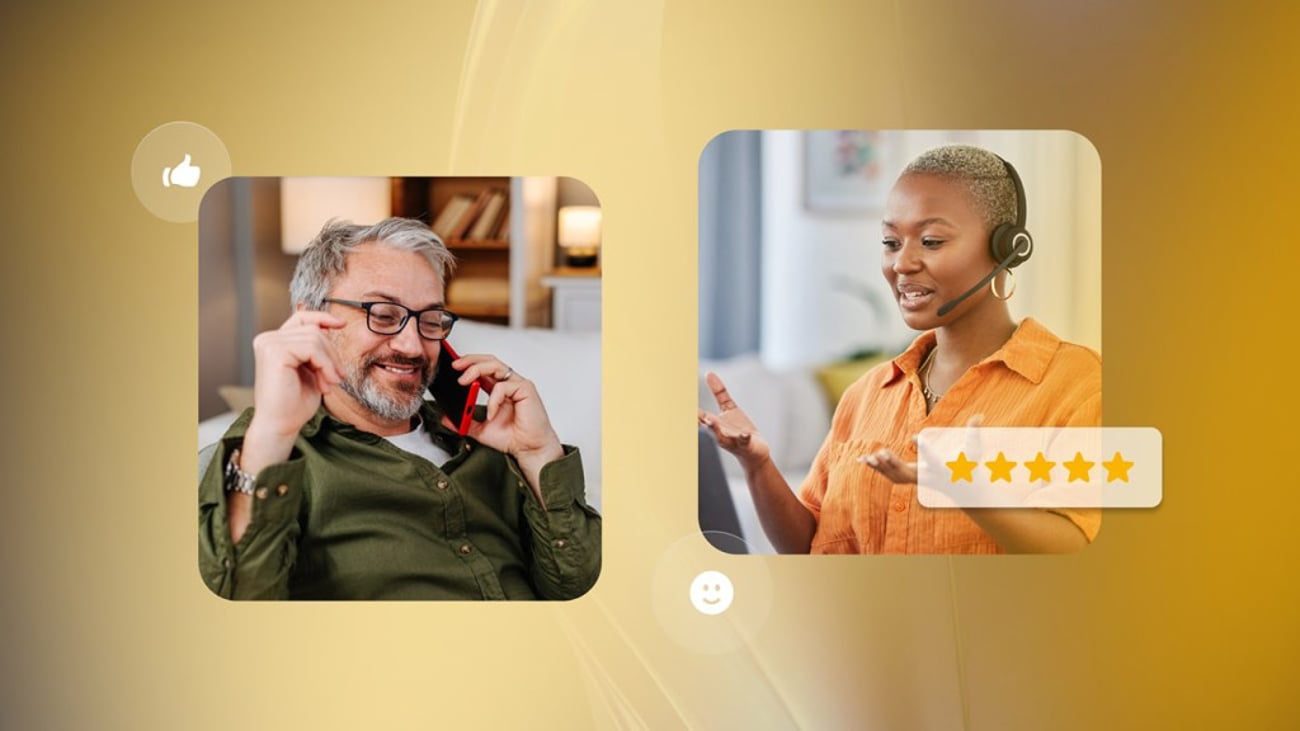 A call center agent provides support to a smiling customer, positively impacting the customer effort score.