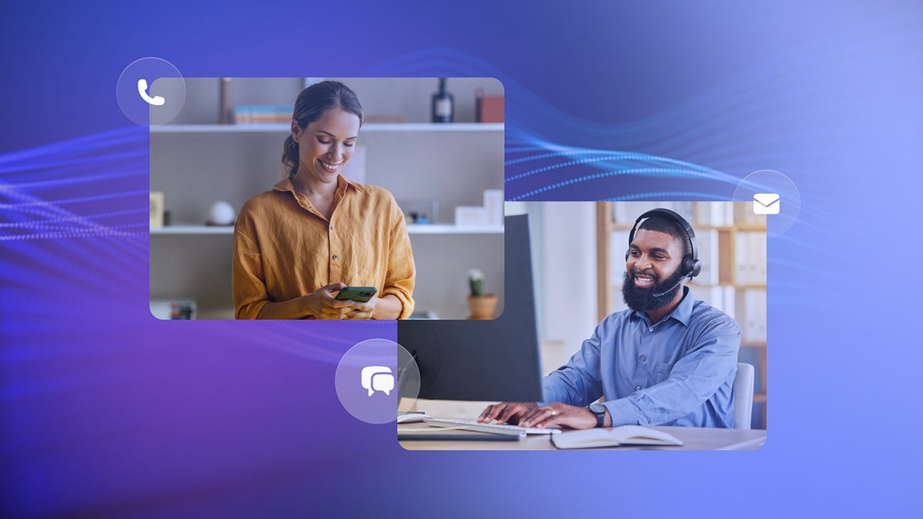 A customer uses a mobile device with multichannel communication icons in the foreground.