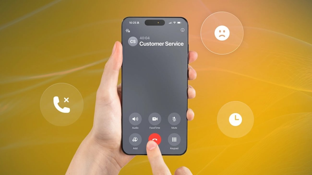A customer’s hands are shown dialing “Customer Service” on a mobile phone with various customer service-themed icons in the background.