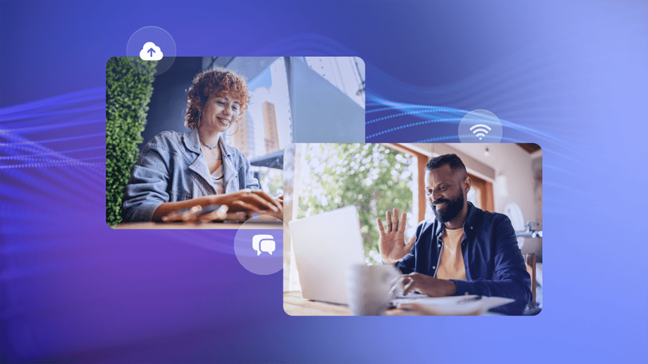 An image depicting two professionals, one in an office and one working remotely, engaging in a video conference, with digital icons representing communication tools overlayed to symbolize connectivity.