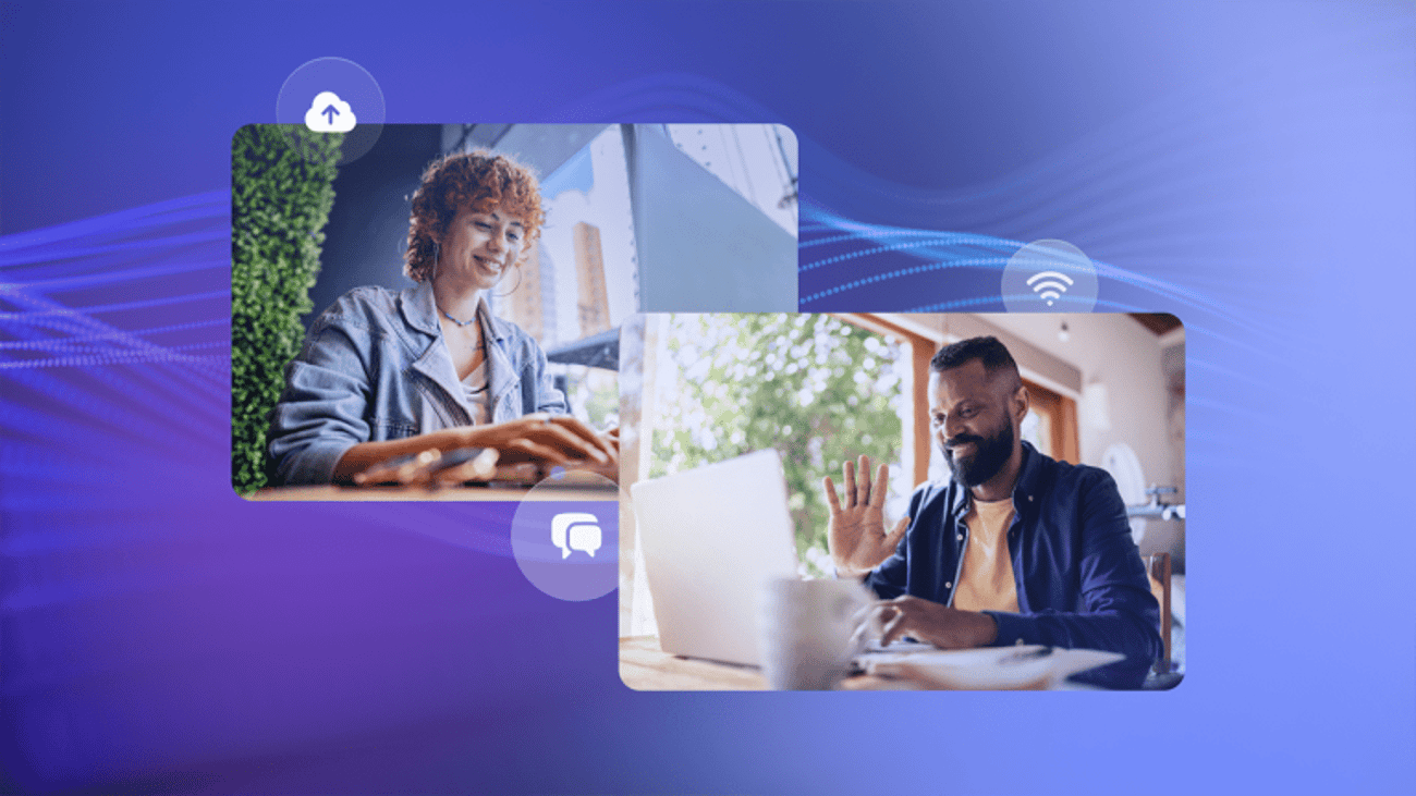 An image depicting two professionals, one in an office and one working remotely, engaging in a video conference, with digital icons representing communication tools overlayed to symbolize connectivity.