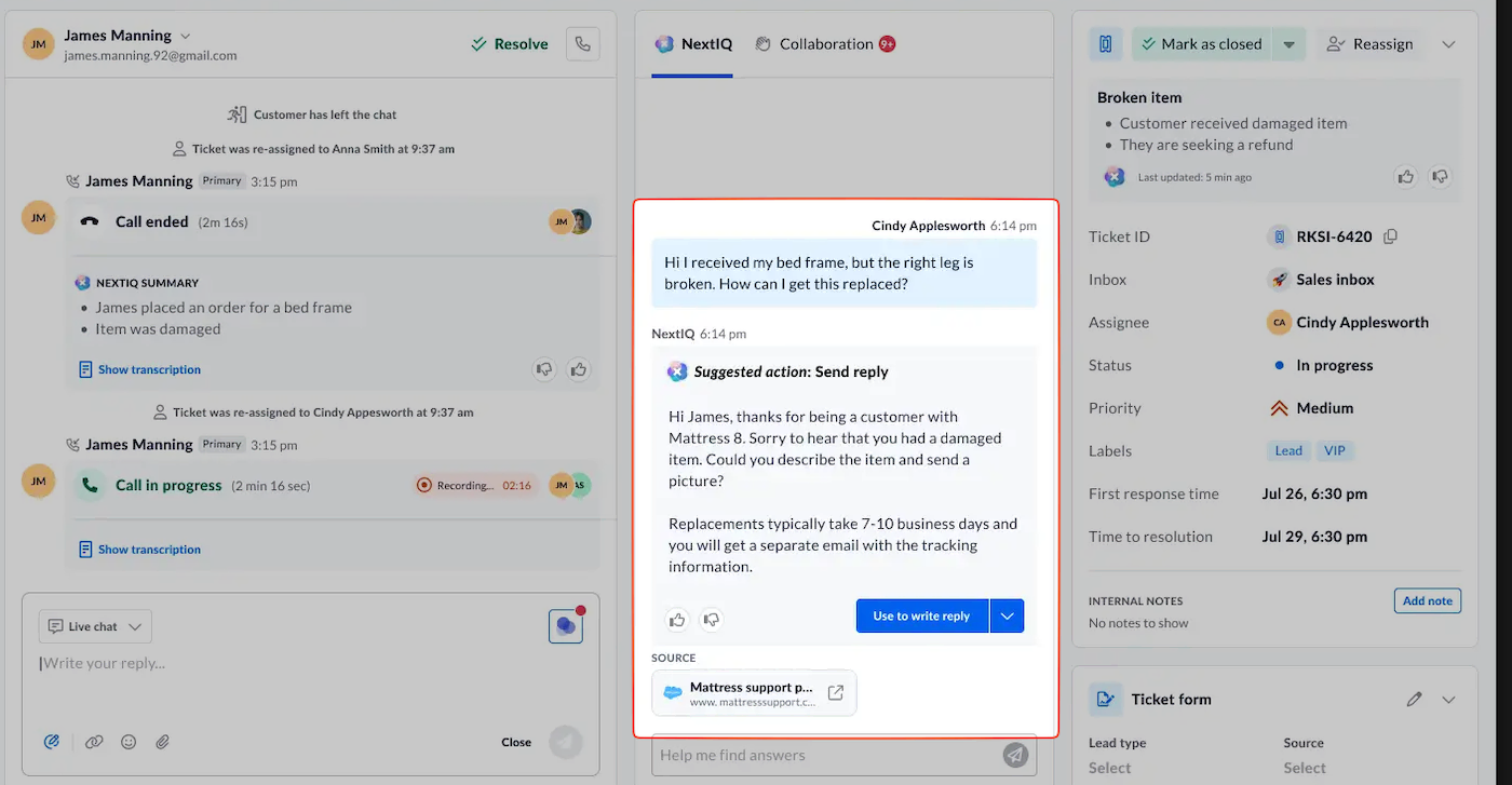 AI agent assist technology in action by Nextiva.