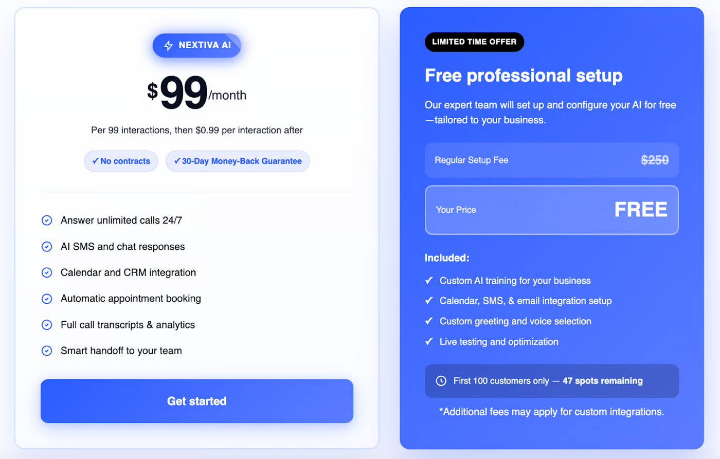 XBert, Nextiva's AI phone assistant, pricing page