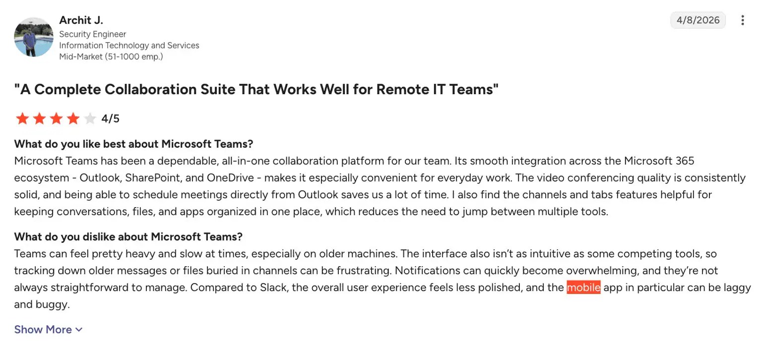 4-star review of Microsoft Teams on G2: A complete collaboration suite that works well for remote IT teams
