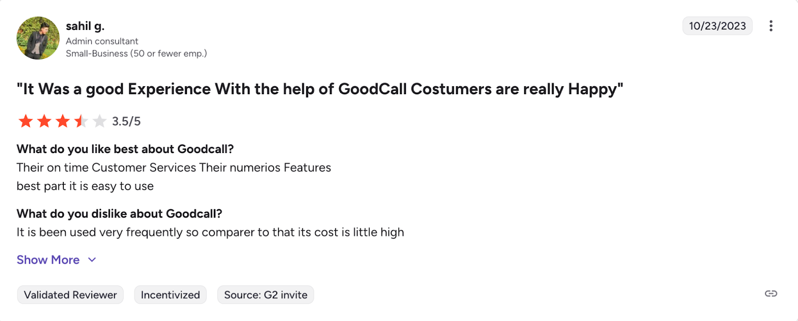 3.5-star G2 user review of Goodcall