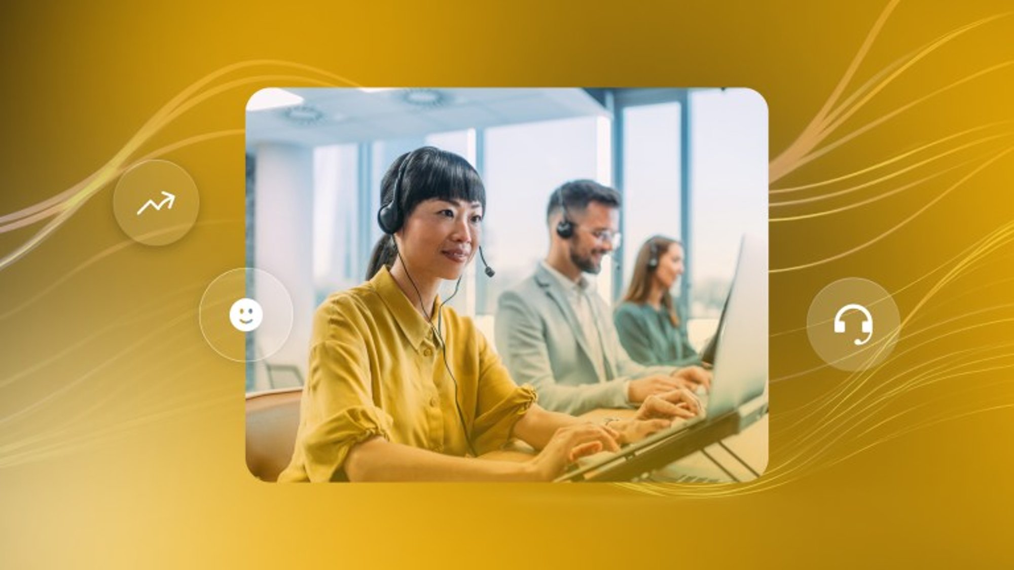 Contact center employees with headsets typing on laptops