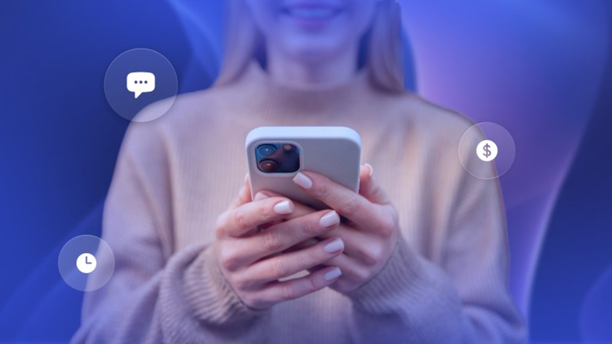 A woman smiles down at her smartphone.