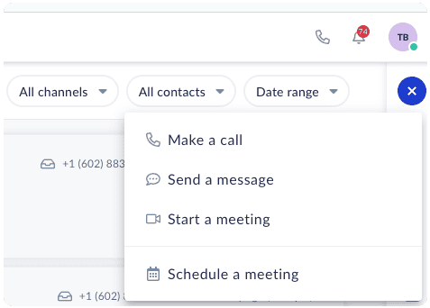 Screenshot of "All contacts" dropdown with options to call, send a message, etc.