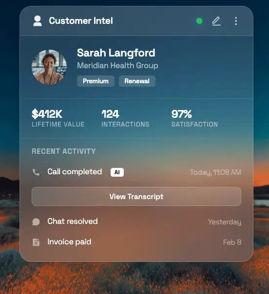 Nextiva XBert AI employee - showing customer intel on a call