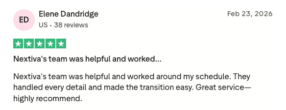 A positive 5/5 Nextiva review on Trustpilot