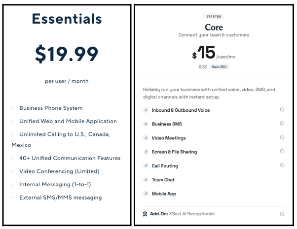Net2phone’s Essentials plan price vs Nextiva