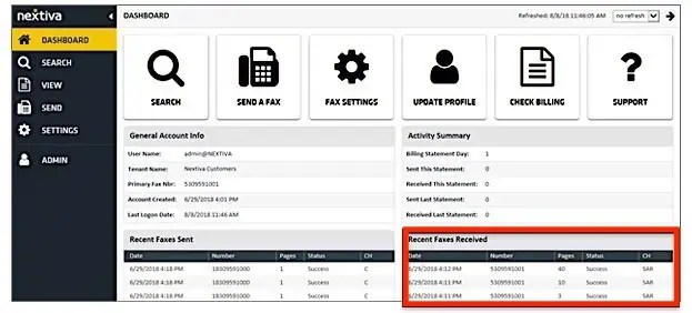 Nextiva dashboard highlighting the 'Recent Faxes Received' section with fax details and status.