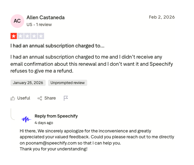 1-star user review on Trustpilot for Speechify