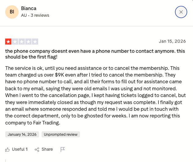 1/5 Trustpilot customer review of Aircall