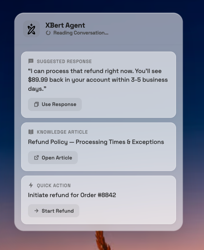 XBert Agent reads conversations and can suggest a response, open a knowledge article, initiate a refund