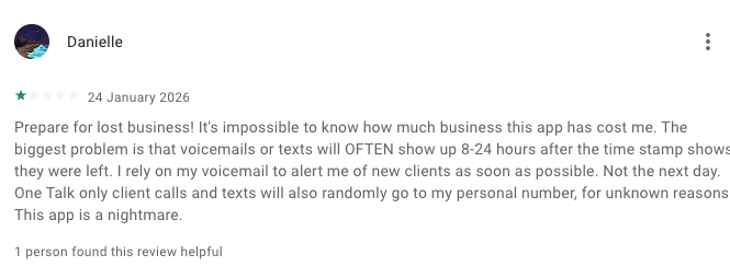 Google Play user review for Verizon One Talk reported that the mobile app fails to ring or deliver text messages, saying she was losing money because clients couldn’t reach her