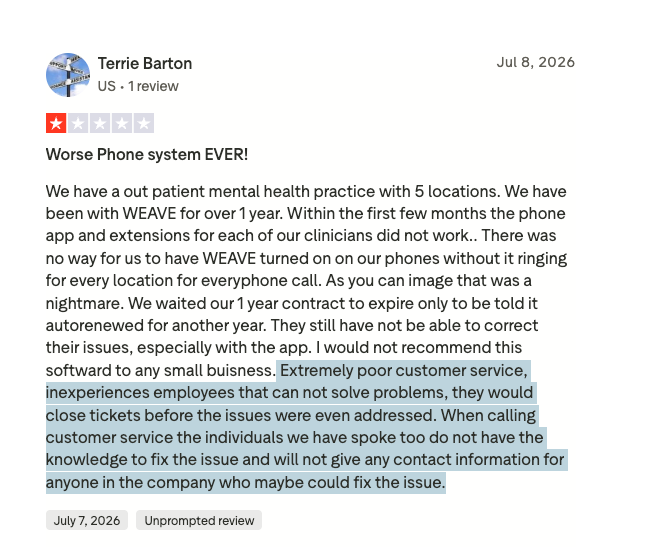 1-star customer review of Weave on TrustPilot saying "Worse phone system ever!"