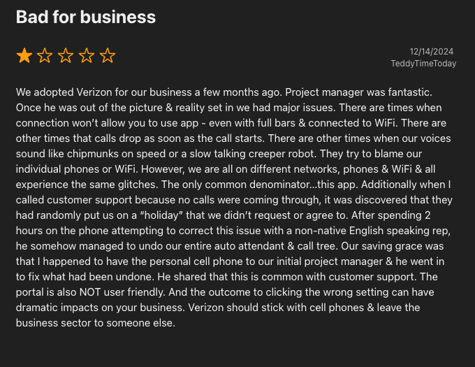 App Store user review for Verizon One Talk: reviewer whose call tree was accidentally wiped by support concluded that Verizon should stick with cell phones