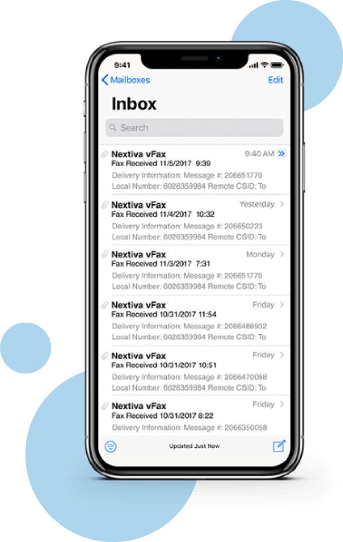 The mobile phone screen shows a list of digital faxes received in the Nextiva digital fax inbox.