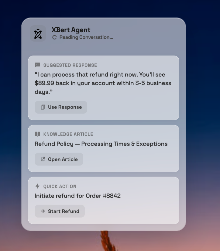 XBert AI Agent chat options: suggested response, knowledge article, quick action.