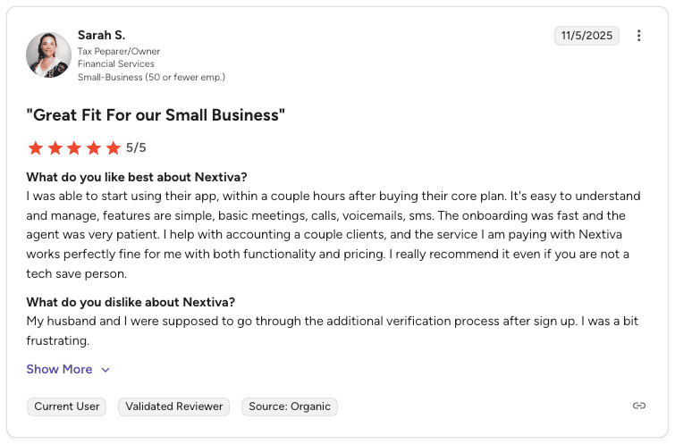 Nextiva user review on G2