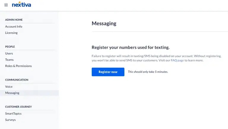 Screenshot of Nextiva communication shows: Register your numbers used for texting page