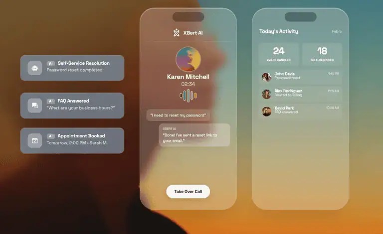 XBert AI - showing today's activity log, self-service resolution, answered FAQ, appointment booked