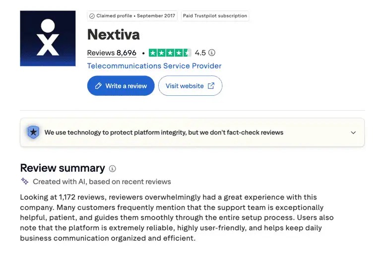 Nextiva has a 4.5/5 rating on Trustpilot from more than 8,600 reviews