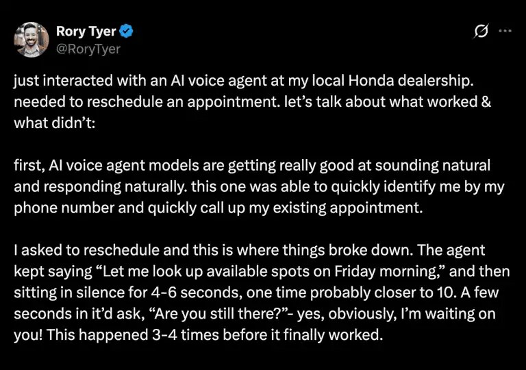 Screenshot of X tweet about how a customer called his Honda dealership to reschedule an appointment and interacted with an AI voice agent.