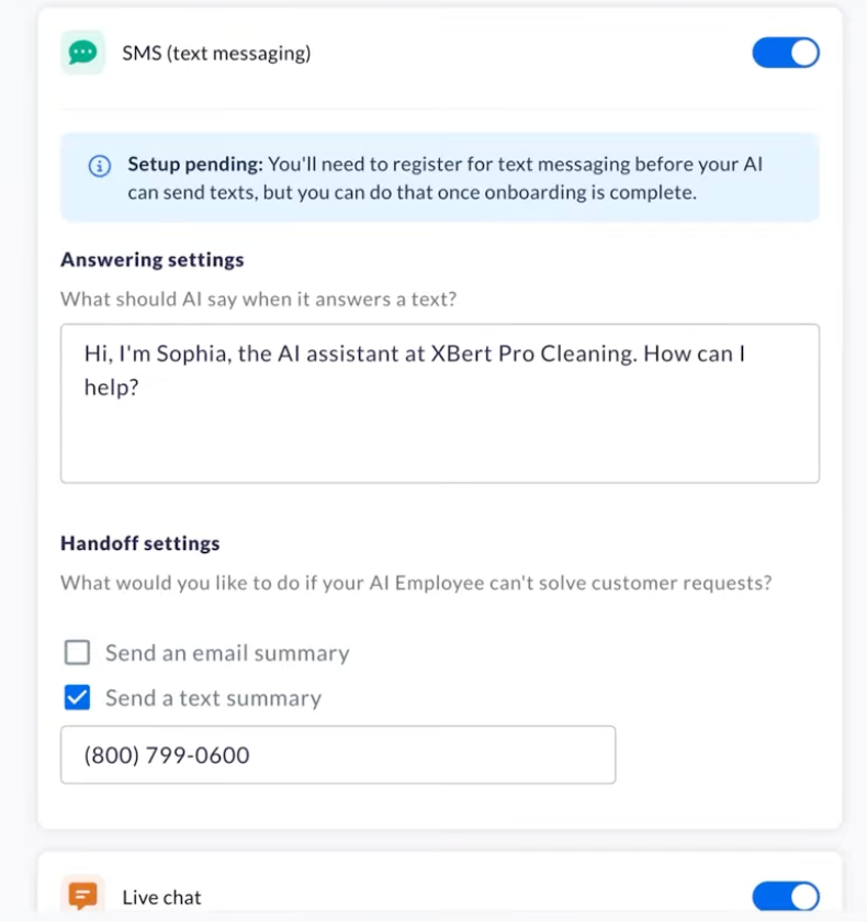 XBert AI SMS text answering settings. Nextiva’s visual call flow builder lets owners set these rules directly.