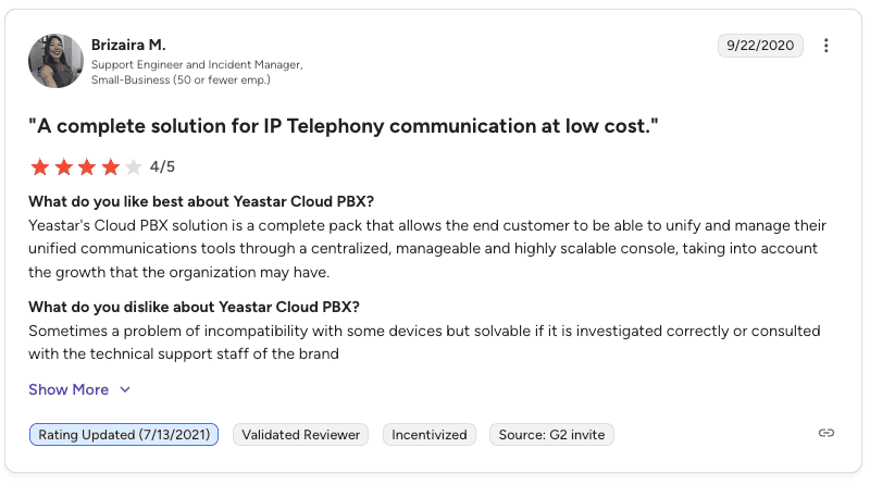 Yeastar user review on G2