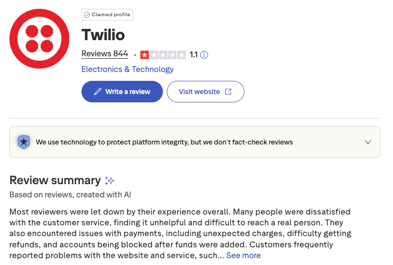 Twilio negative user reviews on Trustpilot