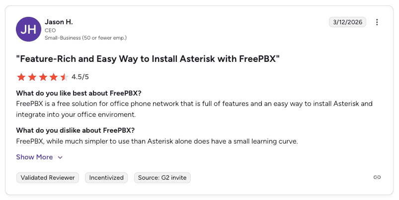 FreePBX user review on G2