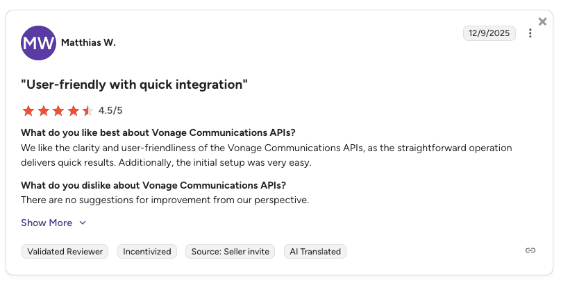 Vonage user review on G2