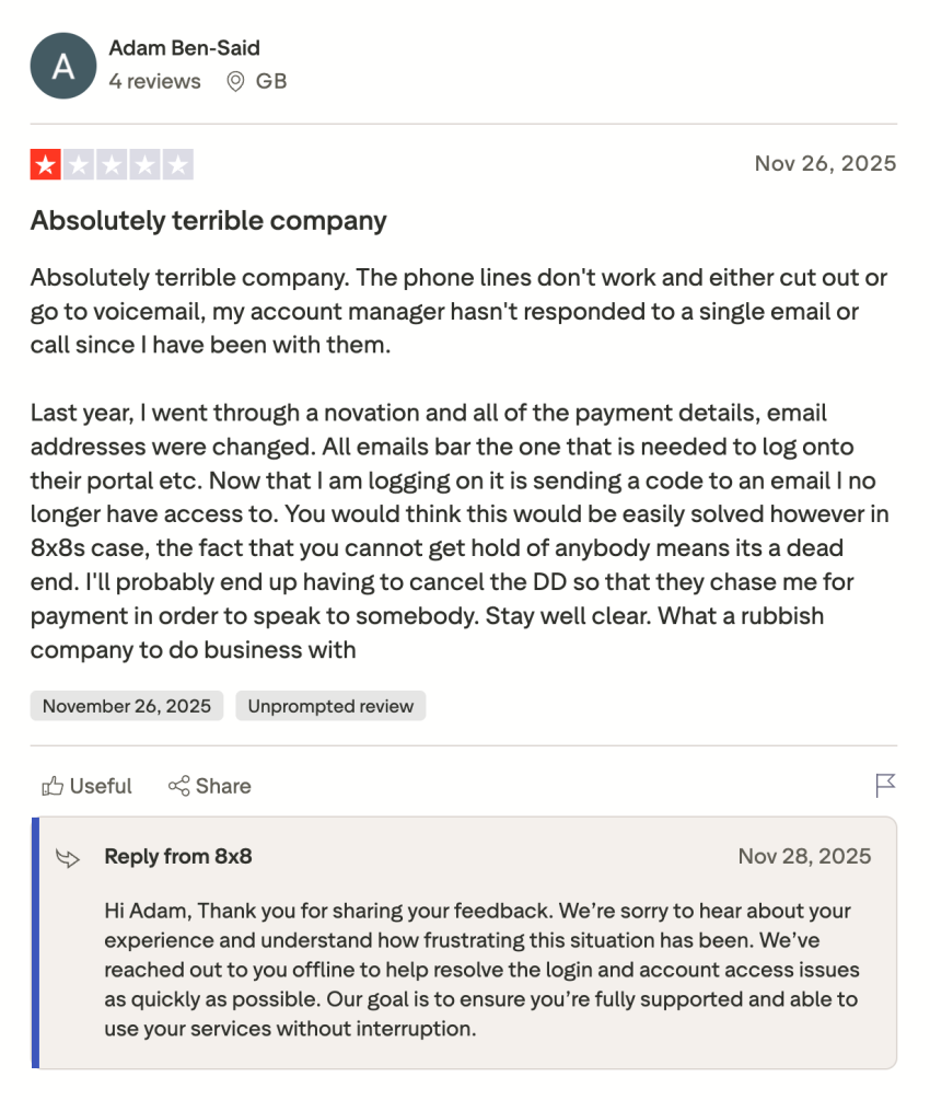 1-star 8x8 user review on Trustpilot: absolutely terrible company (phone lines cut out or go to voicemail, account manager hasn