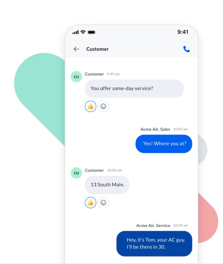 Smartphone text conversation between customer and a business
