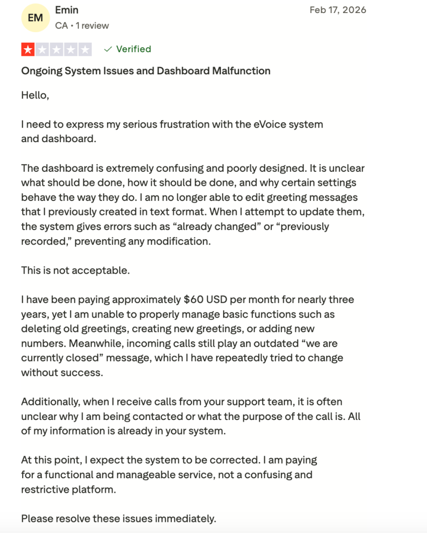 eVoice customer review on Trustpilot