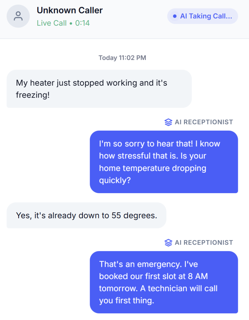 Message conversation between AI receptionist and a customer