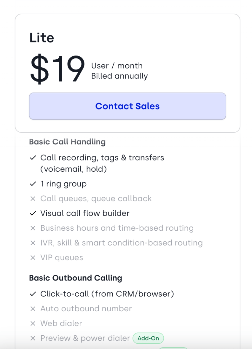 CloudTalk pricing - Lite plan