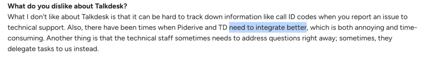 Talkdesk user review on G2: "Pipedrive and TD need to integrate better."