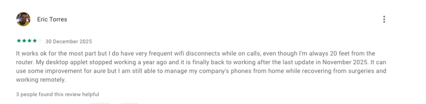 Google Play user review on Verizon One Talk: noticed improvements, like the desktop app fix in November 2025, but still felt the product didn’t meet the bar for a reliable business phone system