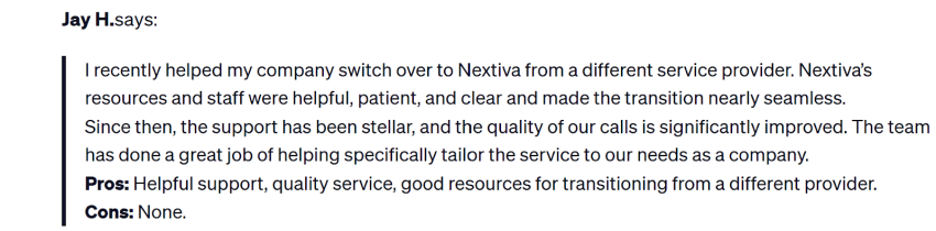 Positive customer review quote