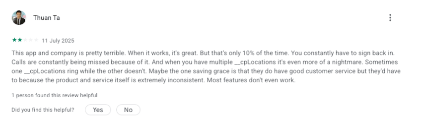 2-star customer review of Weave on Google Play saying "The app and company is pretty terrible. When it works, it's great. But that's only 10% of the time."