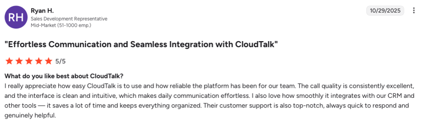 5-star user review of CloudTalk on G2: effortless communication, seamless integration 