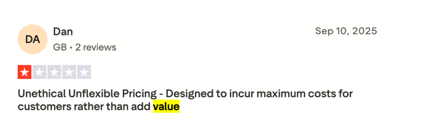 Aircall user review on Trustpilot - unethical unflexible pricing