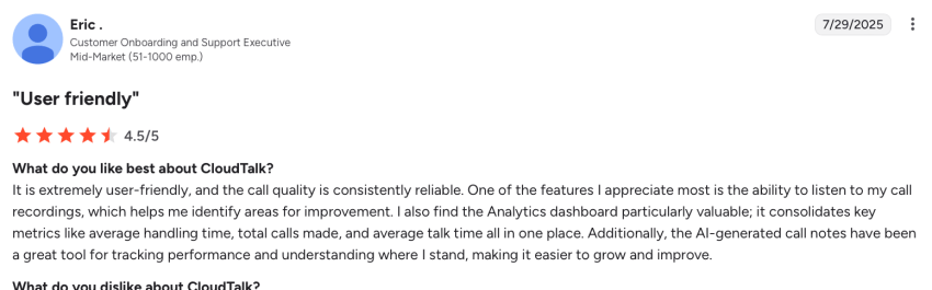 4.5-star user review of CloudTalk on G2: user friendly