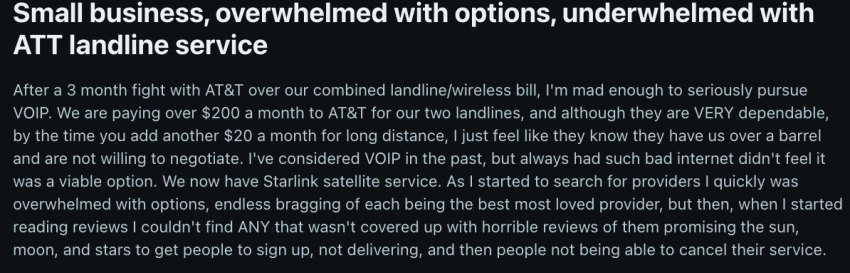 Reddit user review on AT&T: Small business, overwhelmed with options, underwhelmed wiht ATT landline service
