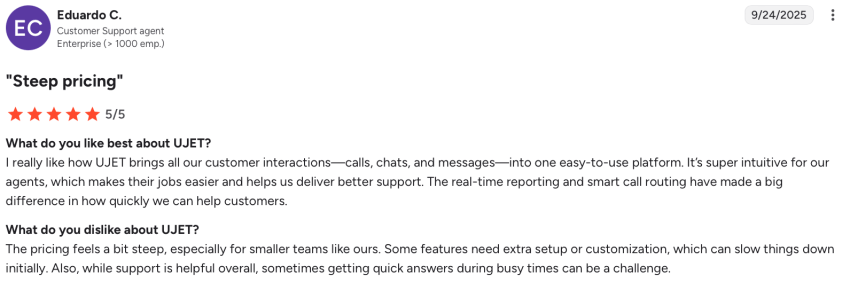 G2 UJET user review complains about steep pricing