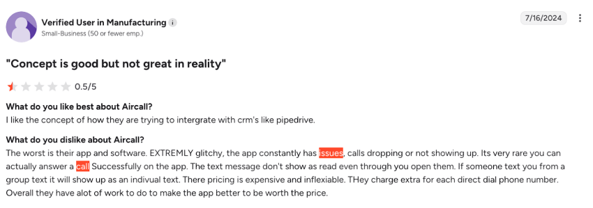 Aircall user review on G2 - concept is good but not great in reality