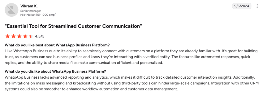 4.5-star G2 user review of WhatsApp Business